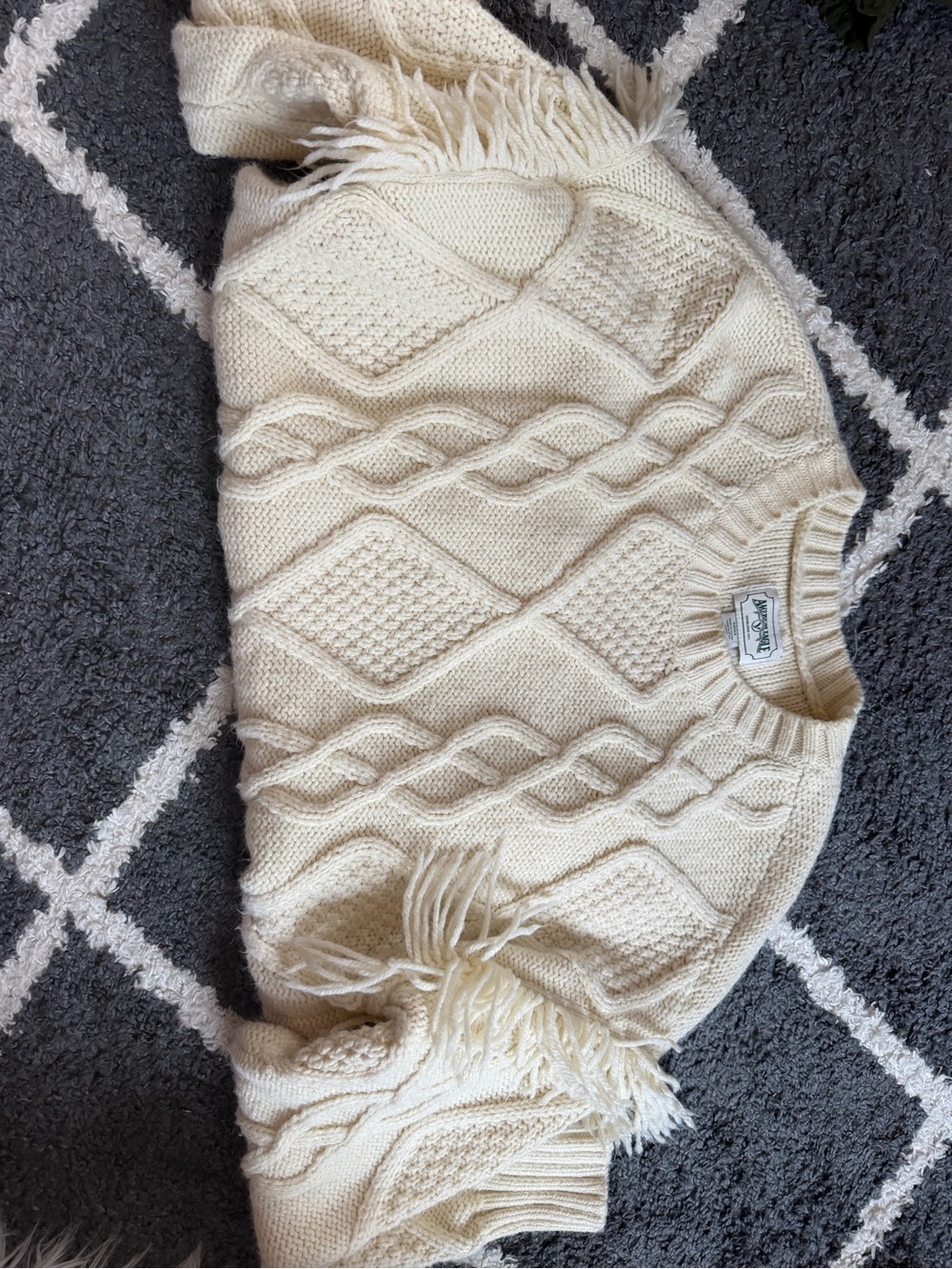 American Eagle Outfitters Cream Cable Knit Fringe Crewneck Sweater